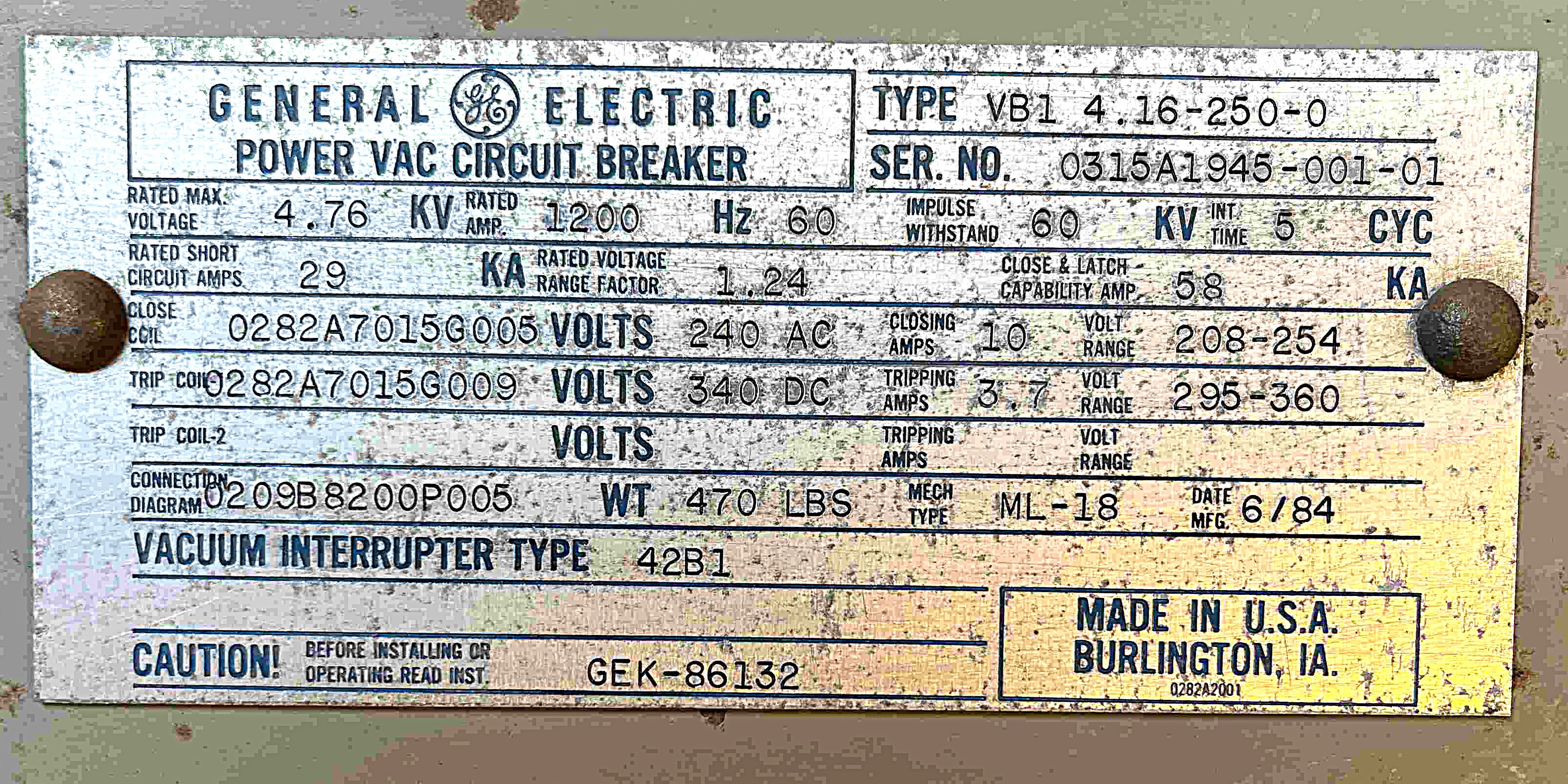 1200 AMP, 4160V, GENERAL ELECTRIC, VB1 4.16-250, VACUUM CIRCUIT BREAKER ...