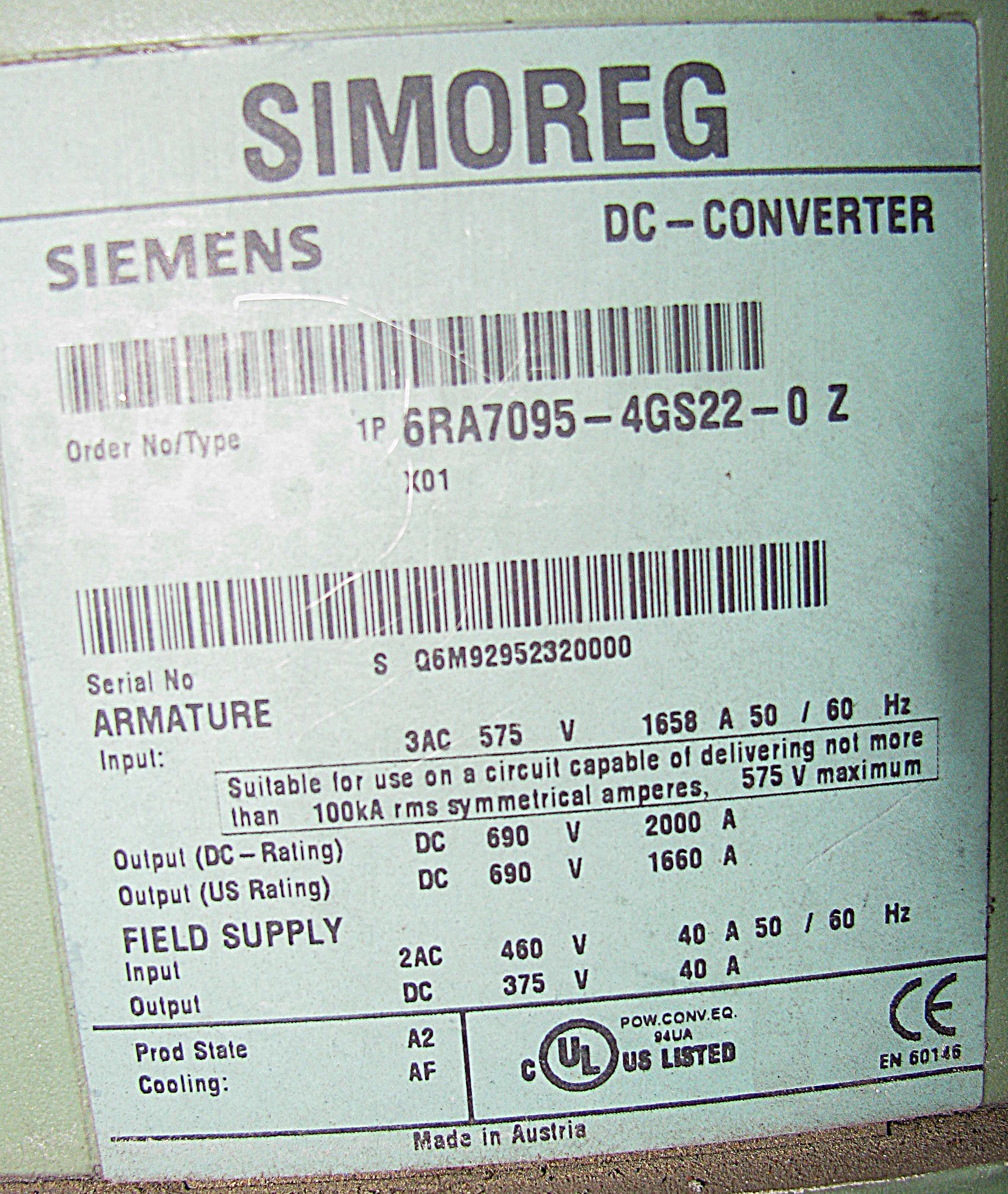 1500 HP 690V SIEMENS SIMOREG 6RA7095 VARIABLE VOLTAGE DRIVE IN FLOOR ...